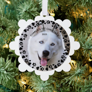 Puppy's 1e Kerstmis Wit & Groen Pet Paw Prints Ornament Kaart