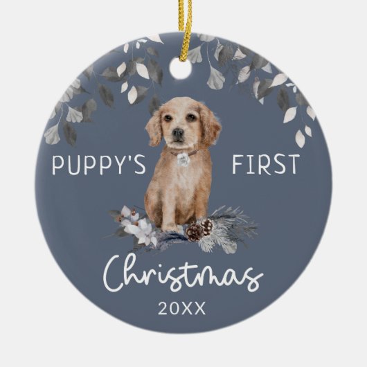 Puppy's eerste kerstWaterverf Keramisch Ornament (Voorkant)