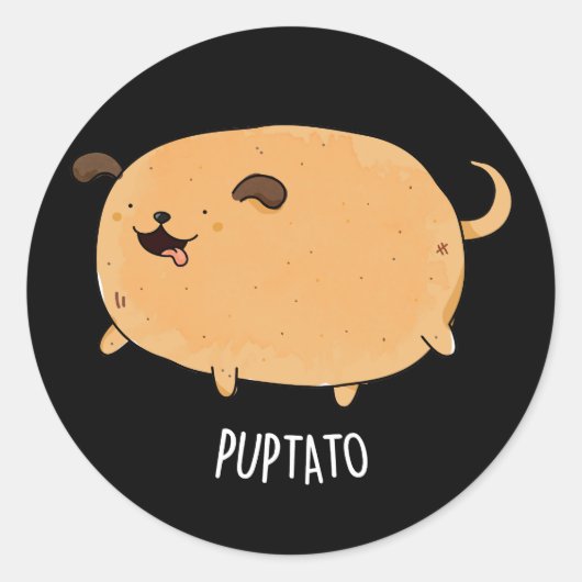 Puptato Funny Puppy Potato Pun Dark BG Ronde Sticker (Voorkant)