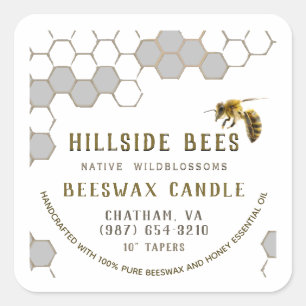 Pure Beeswax-kaarletiket met Honeycomb & Bee Vierkante Sticker