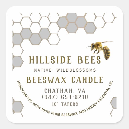 Pure Beeswax-kaarletiket met Honeycomb & Bee Vierkante Sticker (Voorkant)
