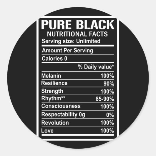 Pure Black Nutritional Facts Ronde Sticker (Voorkant)
