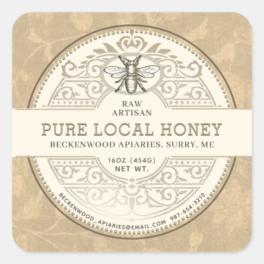 Pure Local Honey Label Floral Achtergrond (Voorkant)