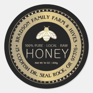 PURE LOCAL RAW HONEY étiquette avec abeille en or 