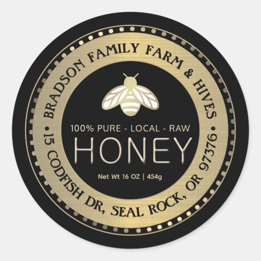 PURE LOCAL RAW HONEY étiquette avec abeille en or (Devant)