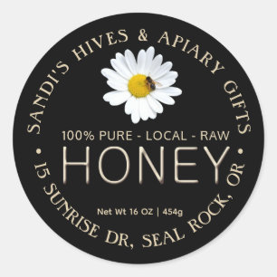 PURE LOCAL RAW HONEY label met madeliefje & bij