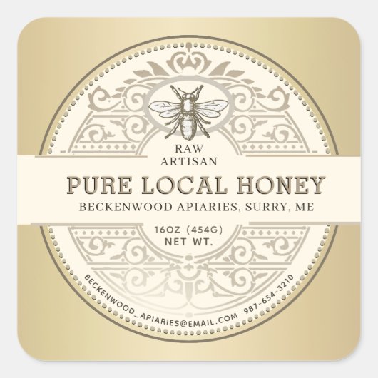 Pure lokale honing  label Metallic Gold Bee (Voorkant)