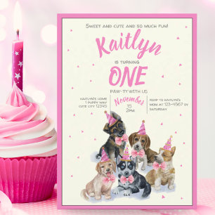 Pure Puppy   Meisjes Pink Birthday Party Kaart