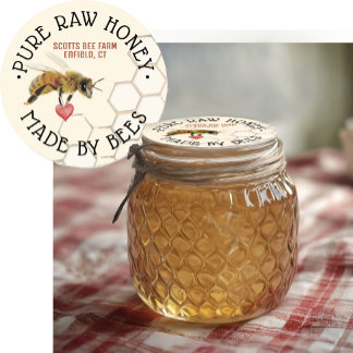 PURE RAuwe HONING Honingbij Honingraat en Hart Cla Ronde Sticker