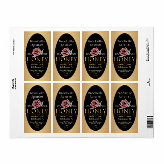 Pure Raw Honey Label Zwart Goud Border Roos Flower (Full Sheet)