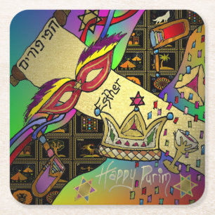 Purim Esther Celebration Art Print Vierkante Kartonnen Onderzetter