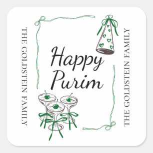 Purim Groene Bogen Deelhoed Dranken Mishloach Mano Vierkante Sticker