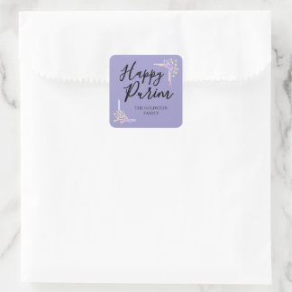 Purim Paarse Neon Feesthoed Mishloach Manot Naam Vierkante Sticker