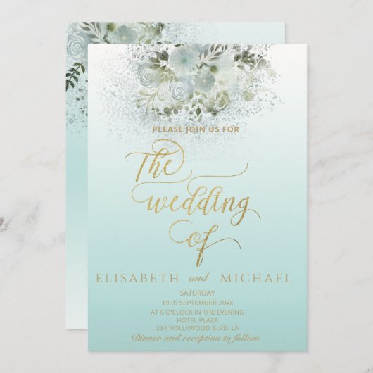 Purist blauw romantische bloemen goud kalligrafie kaart (Voorkant / Achterkant)