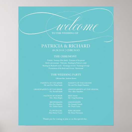 Purist Blue Wedding Ceremony Program Board Poster (Voorkant)