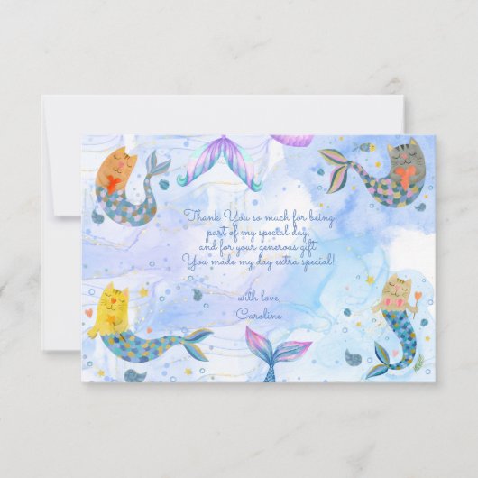Purmaid kat zeemeermin waterverf meisje kinderen v bedankkaart (Voorkant)