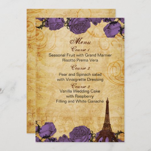purp  eiffeltoren Paris trouwmenukaarten Menu (Voorkant / Achterkant)