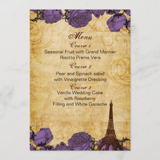 purp  eiffeltoren Paris trouwmenukaarten Menu (Voorkant)