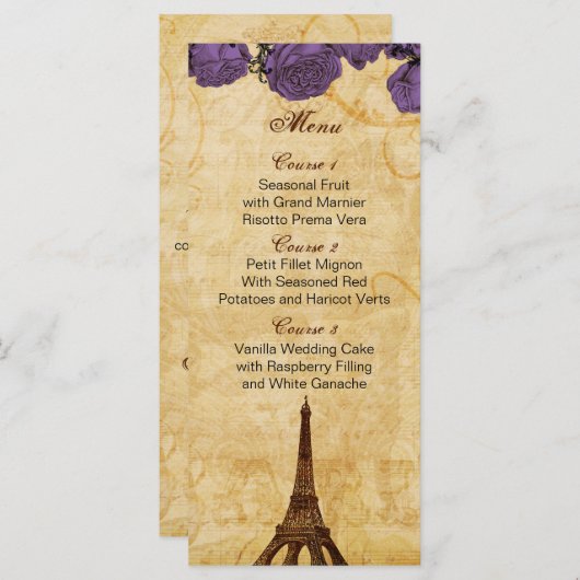 purp  eiffeltoren Paris trouwmenukaarten Menu (Voorkant / Achterkant)