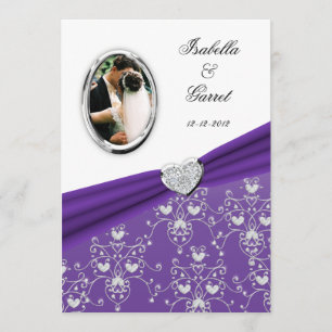 Purpl Ribbon Heart Damask Wedding Photo Uitnodigin Kaart