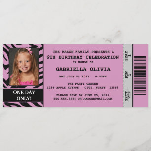 Purpl Zebra Event Ticket Birthday Party Invitation Kaart