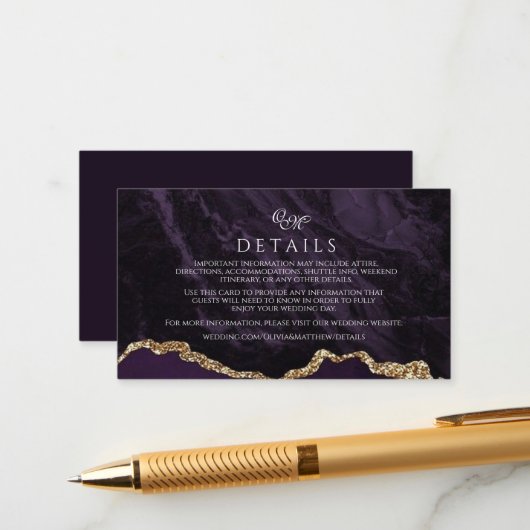 Purple Agate & Gold Mariage Script Détails Cartes (Devant/Arrière en situation)