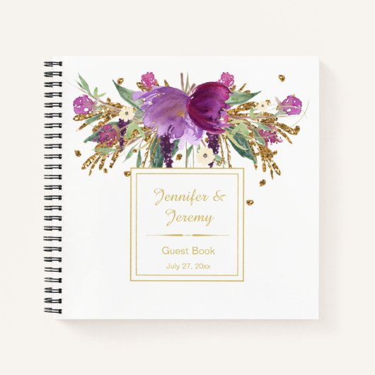 Purple Amethyst Gold Floral Livre d'invités | (Devant)