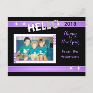 Purple and black met foto en familie name feestdagenkaart
