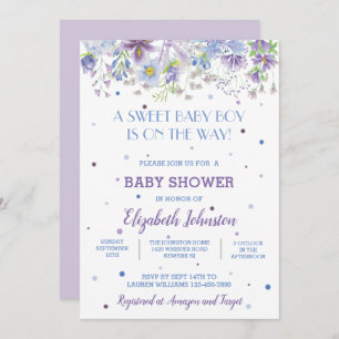 Purple and Blue Floral Baby Boy Shower Invitation