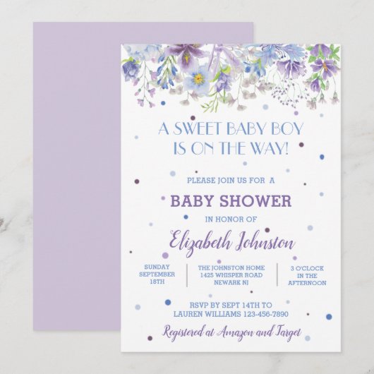 Purple and Blue Floral Baby Boy Shower Invitation (Devant / Derrière)