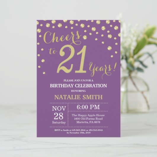 Purple and Gold 21e Anniversaire Invitation Diamon (Debout devant)