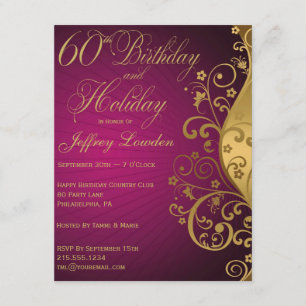 Purple and Gold 60th Birthday & Holiday Invitation