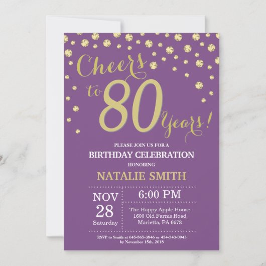 Purple and Gold 80th Birthday Diamond Invitation (Devant)