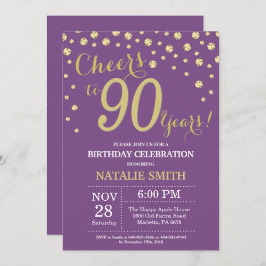Purple and Gold 90th Birthday Diamond Invitation (Devant / Derrière)