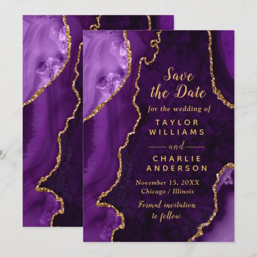 Purple and Gold Agate Marble Save The Date Kaart (Voorkant / Achterkant)