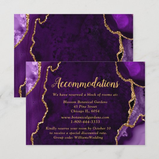 Purple and Gold Agate Wedding Accommodations Informatiekaartje (Voorkant / Achterkant)