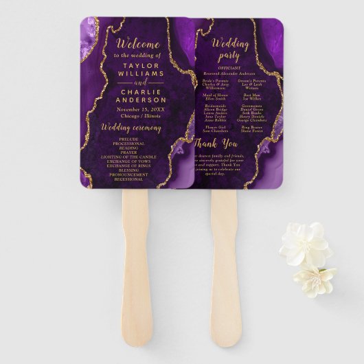 Purple and Gold Agate Wedding Program Handwaaier (Voorkant en achterkant)