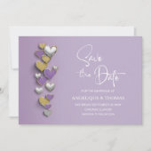 Purple and Gold Hearts Wedding Save the Date (Devant)