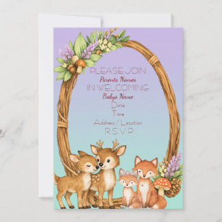 Purple and Mint Woodland Baby Shower Invite Kaart