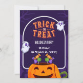 Purple And Orange Trick Or Treat Halloween Party Kaart (Voorkant)