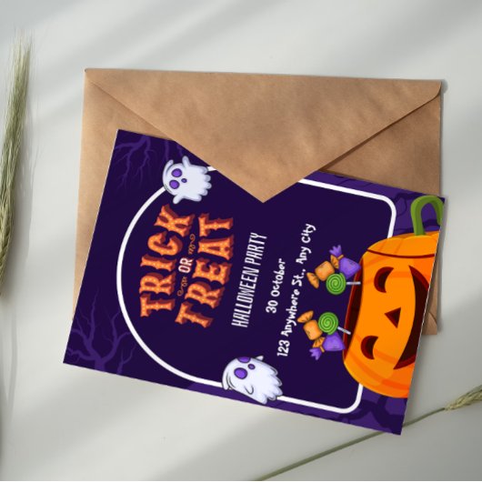 Purple And Orange Trick Or Treat Halloween Party Kaart