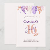 Purple and Peach Botanical Sweet 16 Invitation (Devant / Derrière)