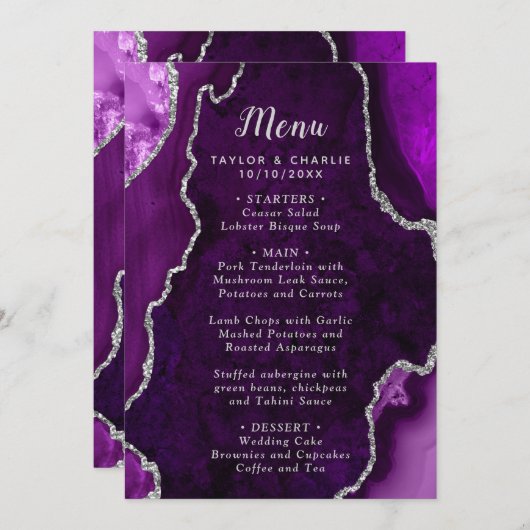 Purple and Silver Agate Marble Wedding Menu (Voorkant / Achterkant)