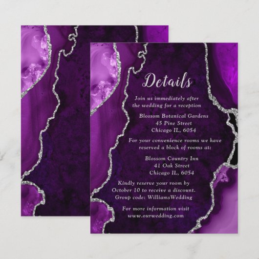 Purple and Silver Agate Wedding Details Informatiekaartje (Voorkant / Achterkant)