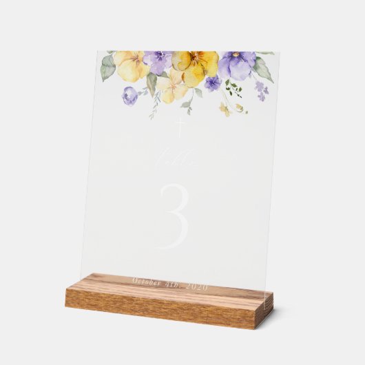 Purple and Yellow Flowers, Baptism Table Numbers Acryl Bord (Hoek)