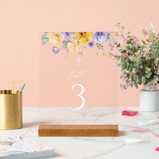Purple and Yellow Flowers, Baptism Table Numbers Acryl Bord (Huwelijk)