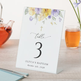 Purple and Yellow Flowers, Baptism Table Numbers Reclamebord Met Voetstuk