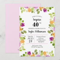 Purple Aquarelle Fleurit Invitations Anniversaires