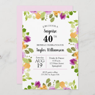 Purple Aquarelle Fleurit Invitations Anniversaires