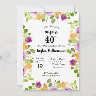 Purple Aquarelle Fleurit Invitations Anniversaires